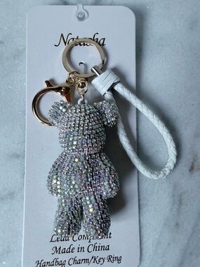 Natasha Couture White Braided Strap Crystal Teddy Bear Keychain